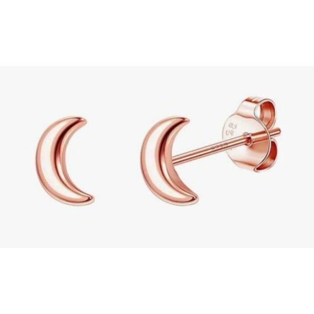 Rose Gold Colored Moon Stud Earrings 20G 925 Sterling Silver Hypoallergenic Post